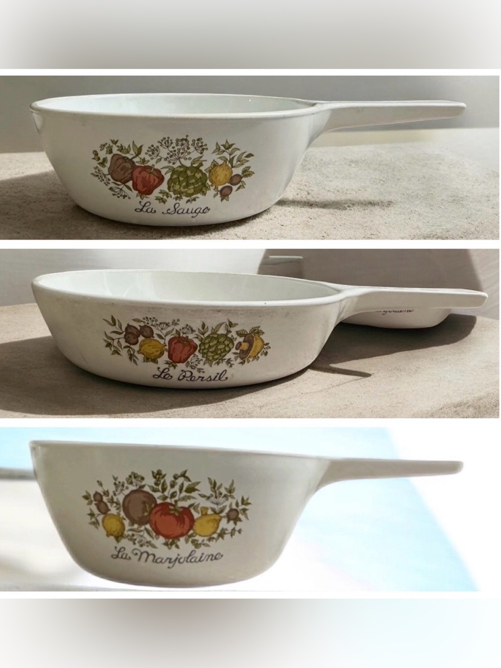 Corning Ware "Spice of Life" menuette saucepans and a skillet, stacked set, Vtg